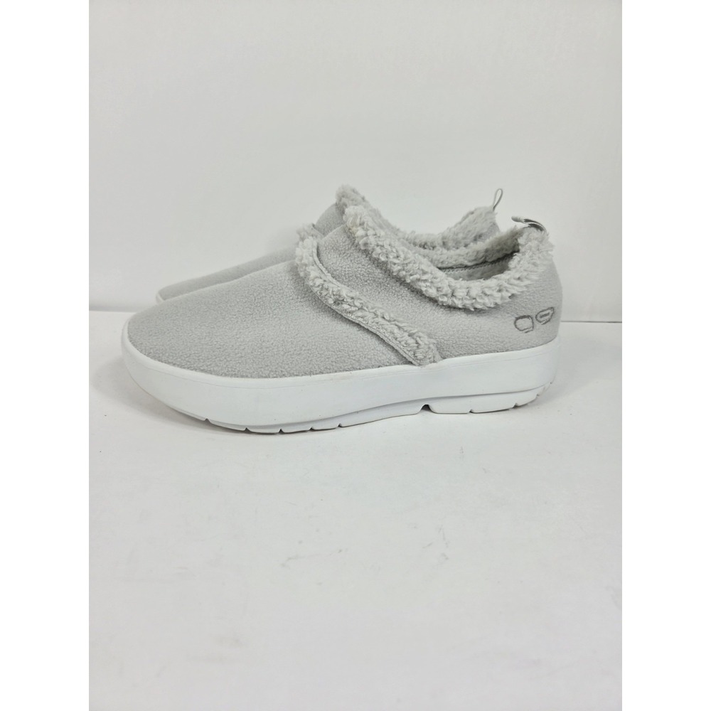 OOFOS OOmg Fur Lined Fuzzy Gray Slip On Casual Shoes Sneakers Women Sz 10